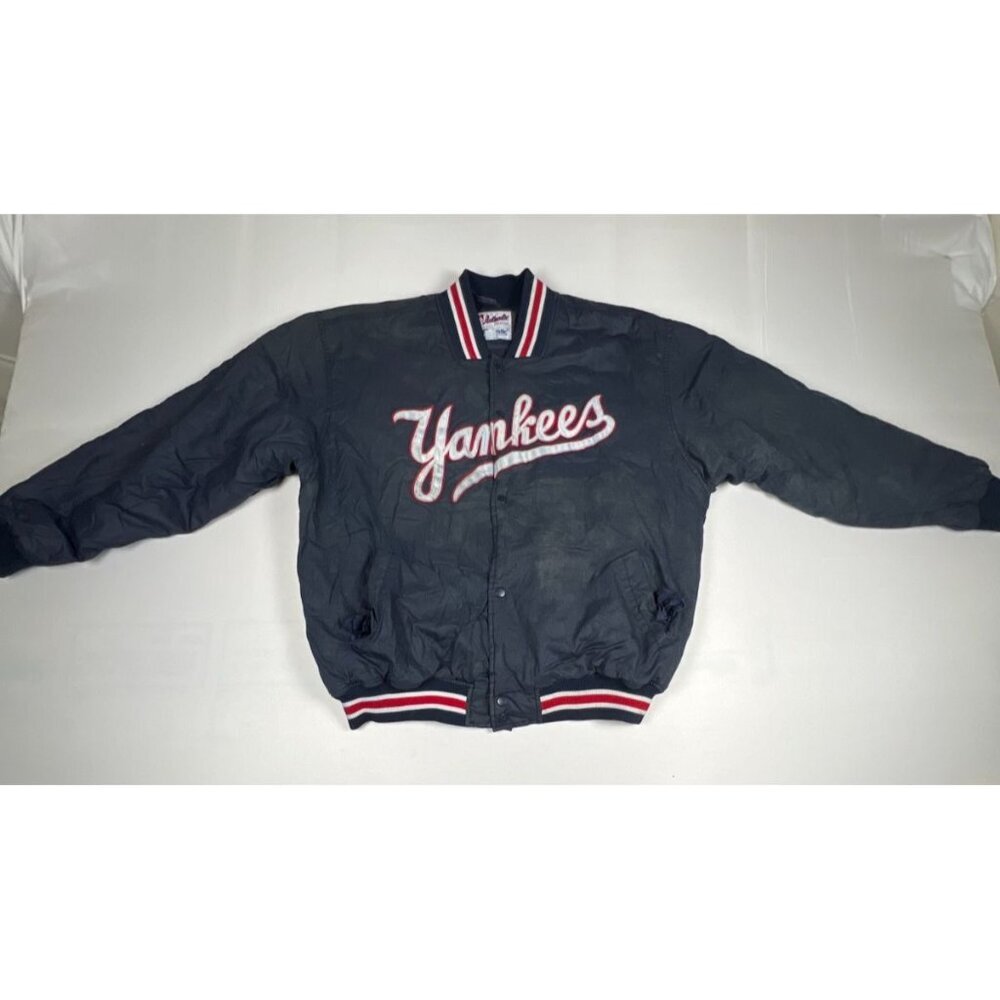 Vintage Majestic Men's XXL New York Yankees MLB Satin Bomber Jacket Navy Blue